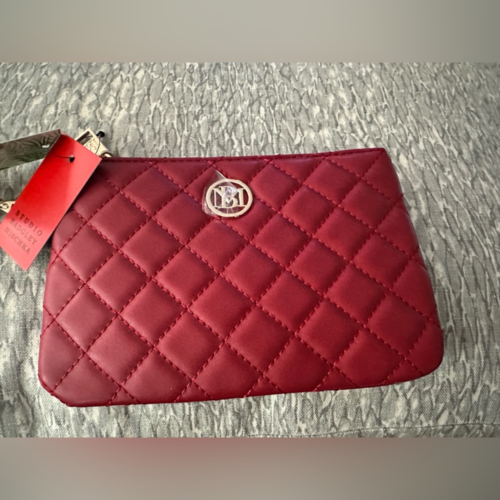 Badgley Mischka Brick Red Quilted Clutch Bag with Wristlet Strap